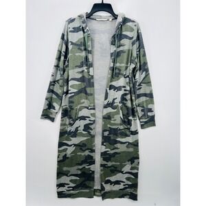 Cyrus Camo Longline Hooded Duster Open Front Cardigan Women's Size M Stretch
